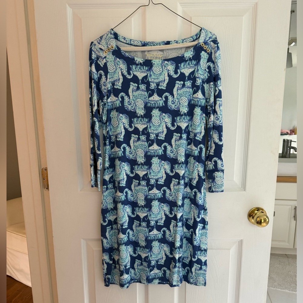 Lilly Pulitzer Navy and Aqua Elephant Print Dress